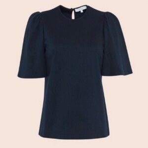Lela Rose Pearl Textured Jersey Flutter Sleeve Navy Top
